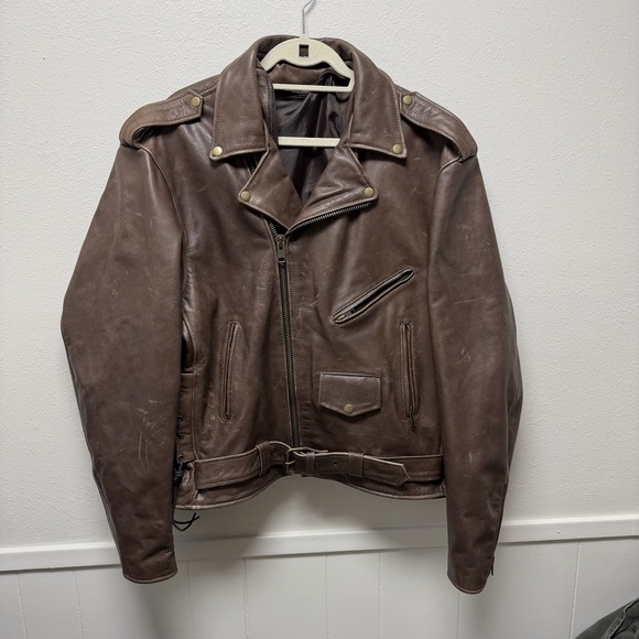 The Unbranded Brand Jackets & Blazers - Vintage Motorcycle Jacket Belted Chocolate Brown Worn Look Size XL 100% Leather